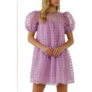 English Factory NWT Lilac Purple Grid Puff Sleeve Mini Dress Women's Medium